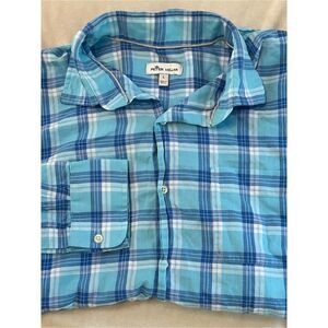 Peter Millar Men Large L Blue Plaid Sport Shirt Long Sleeve Button Down Cotton
